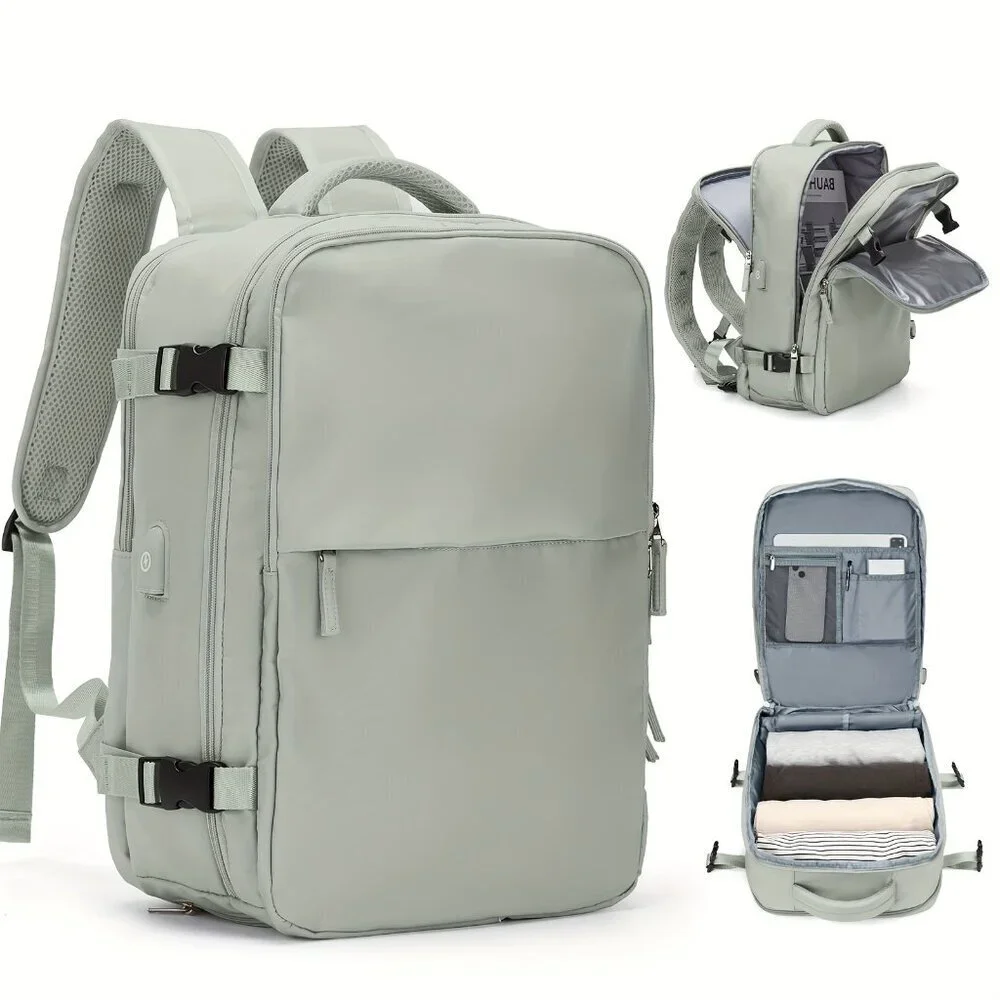 White Waterproof Travel Backpack 15” Laptop Carry-On USB Travel Bag